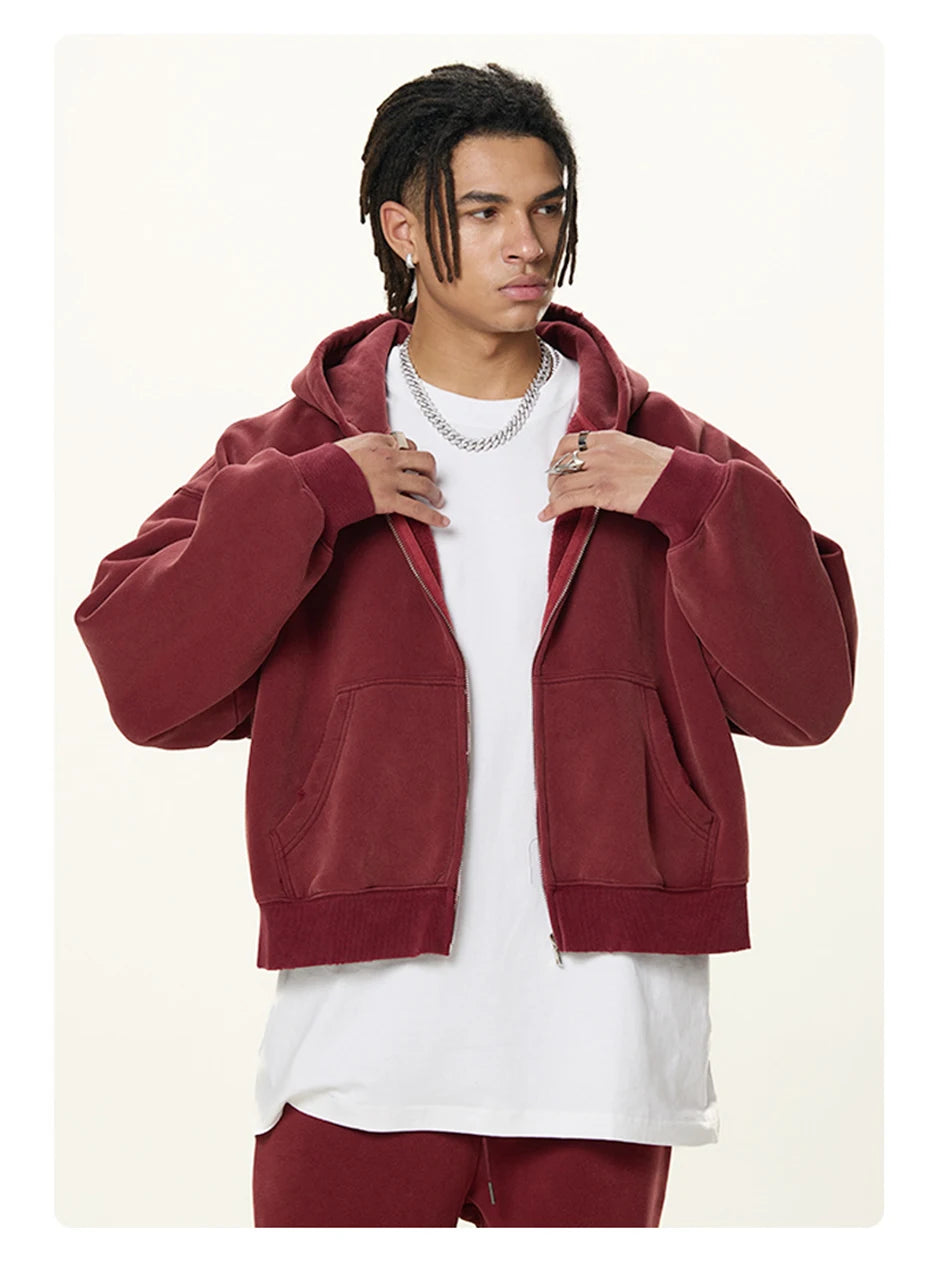 Boxy Crop Washed Zip-Up Hoodie-streetwear-techwear