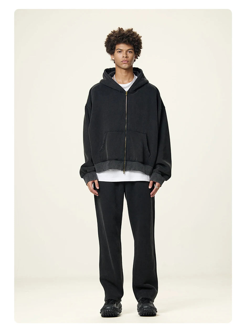 Boxy Crop Washed Zip-Up Hoodie-streetwear-techwear
