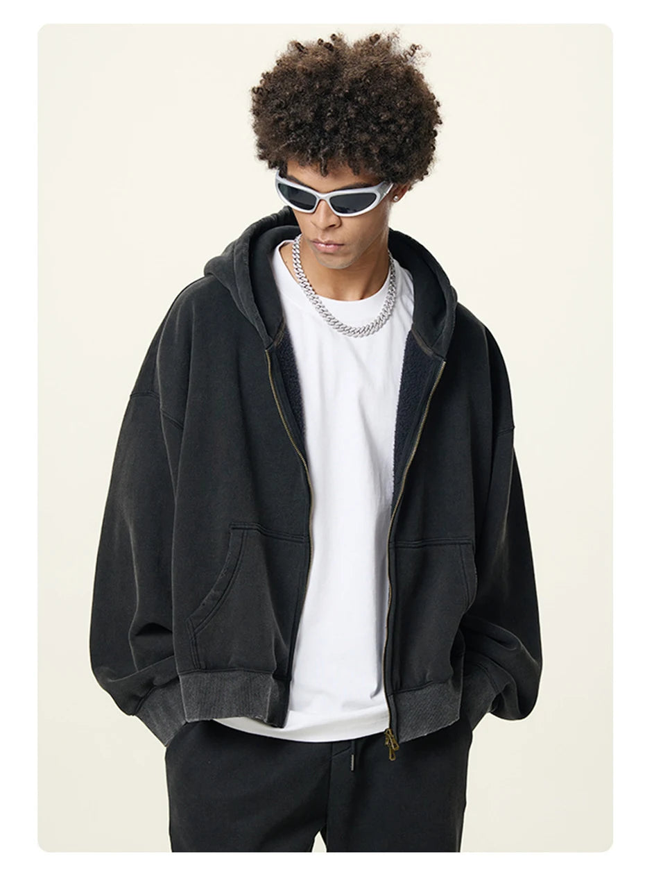 Boxy Crop Washed Zip-Up Hoodie-streetwear-techwear