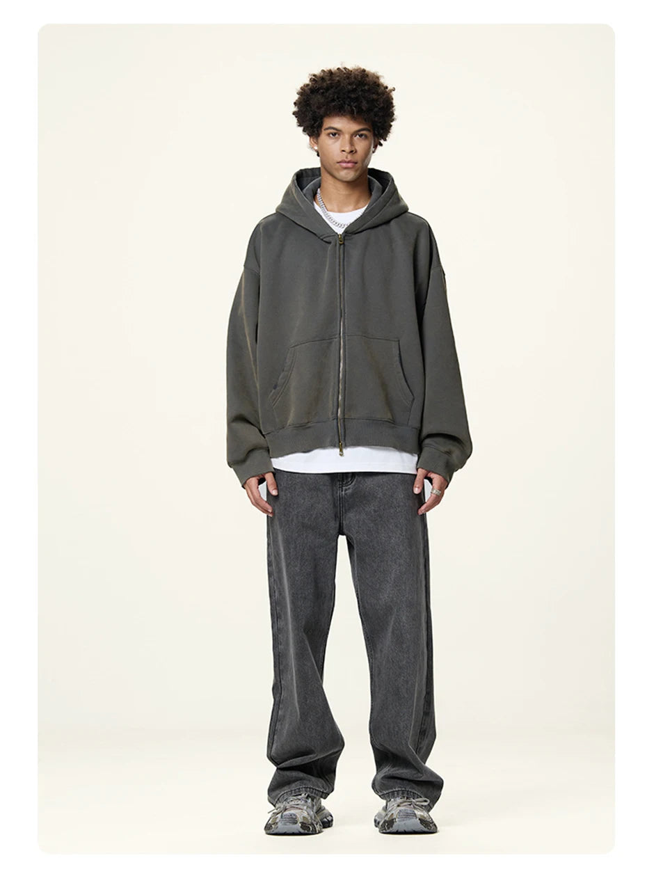 Boxy Crop Washed Zip-Up Hoodie-streetwear-techwear