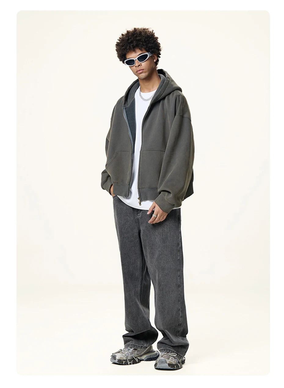Boxy Crop Washed Zip-Up Hoodie-streetwear-techwear