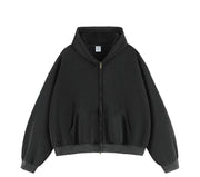 Boxy Crop Washed Zip-Up Hoodie-streetwear-techwear