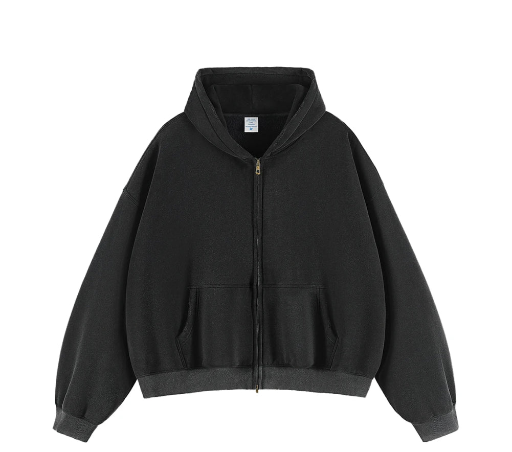 Boxy Crop Washed Zip-Up Hoodie-streetwear-techwear