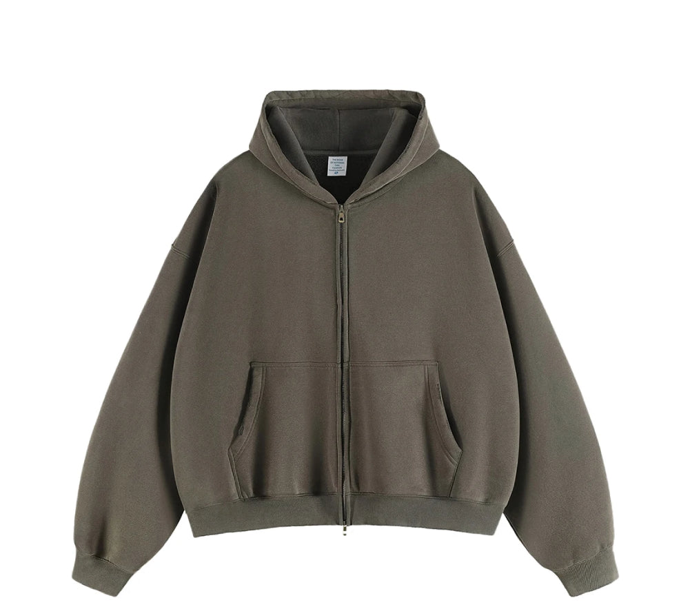 Boxy Crop Washed Zip-Up Hoodie-streetwear-techwear
