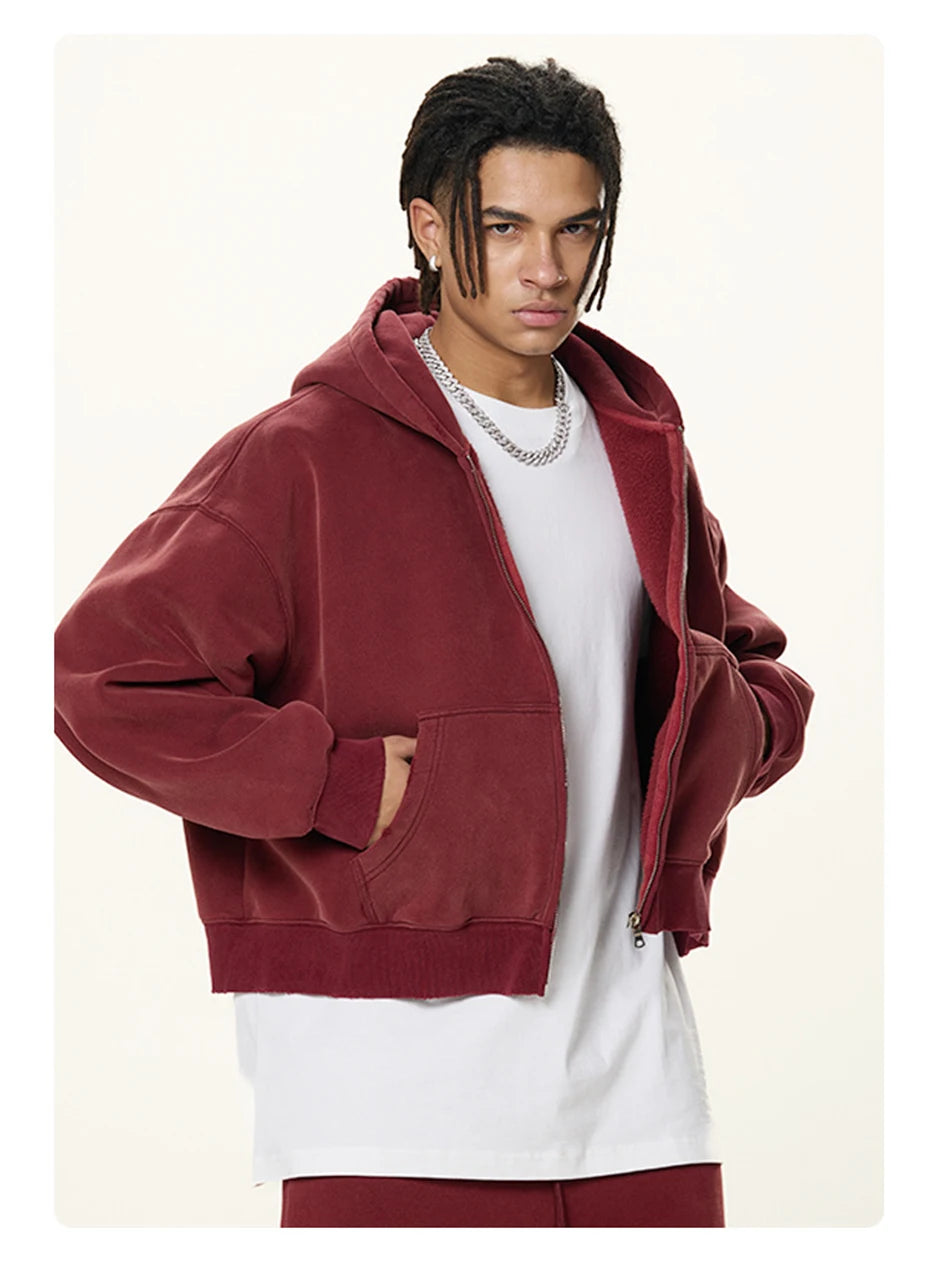 Boxy Crop Washed Zip-Up Hoodie-streetwear-techwear