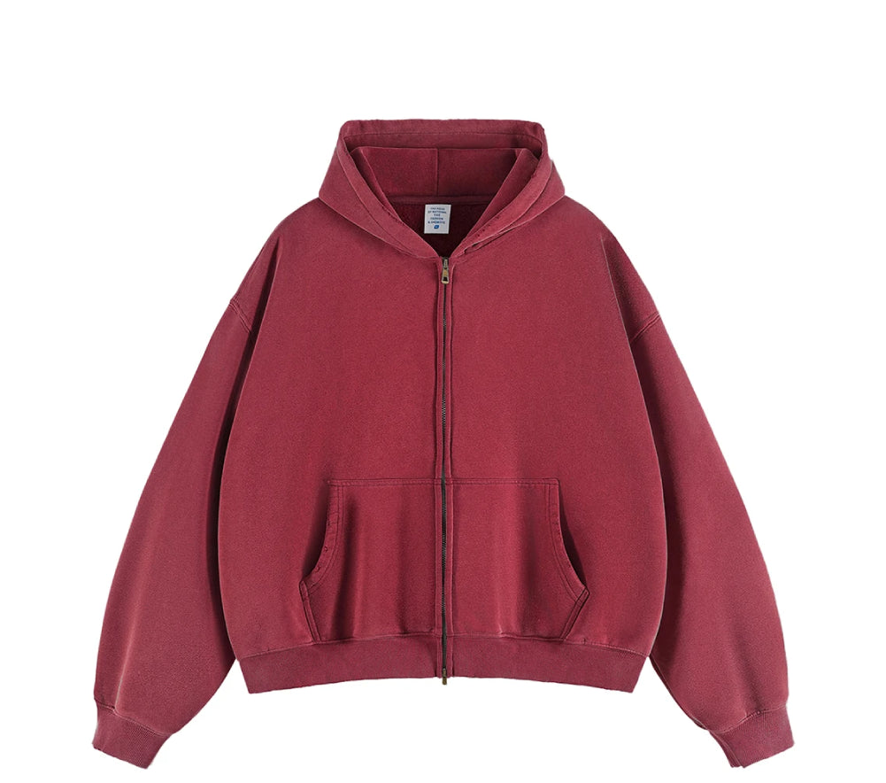 Boxy Crop Washed Zip-Up Hoodie-streetwear-techwear