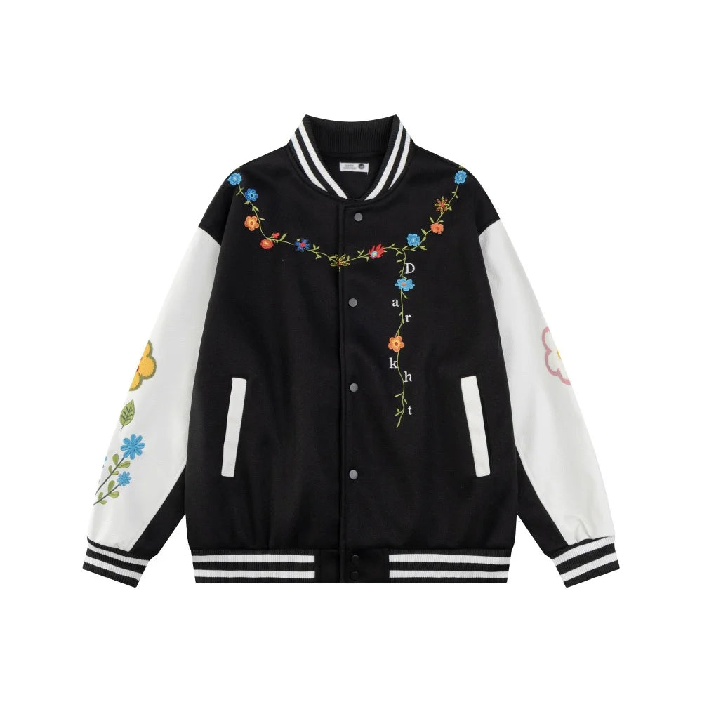 DARK HARVEST Floral Embroidered Varsity Jacket-streetwear-techwear