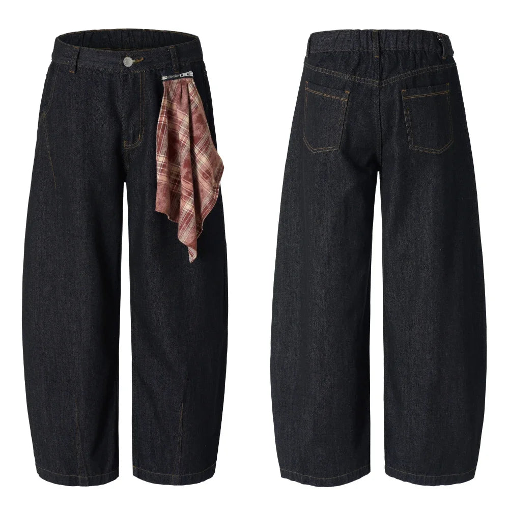 Dark Wash Balloon Jeans with Plaid Bandana-streetwear-techwear