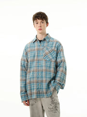 Distressed Hem Blue Plaid Shirt-streetwear-techwear