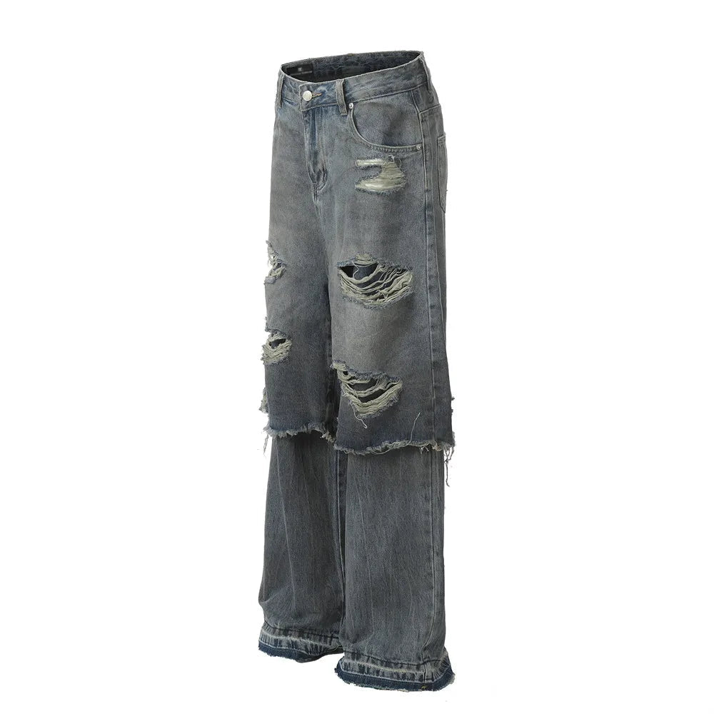 Double Layer Destructed Denim Jeans-streetwear-techwear