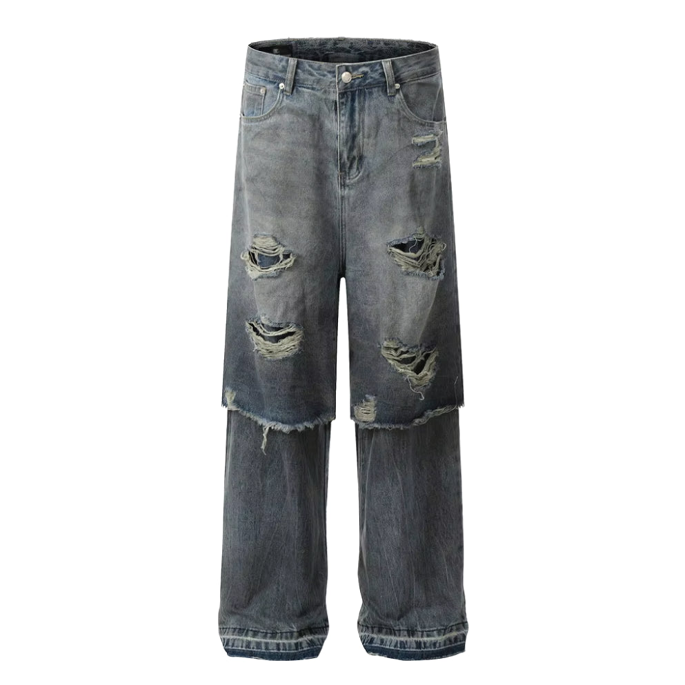 Double Layer Destructed Denim Jeans-streetwear-techwear