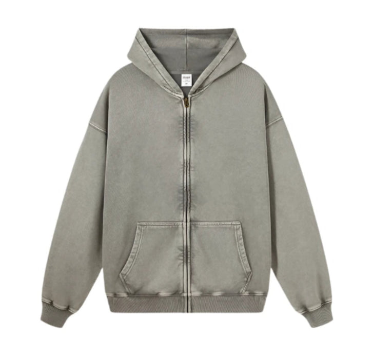 Essential Heavyweight Acid-wash Zip-up Hoodie-streetwear-techwear