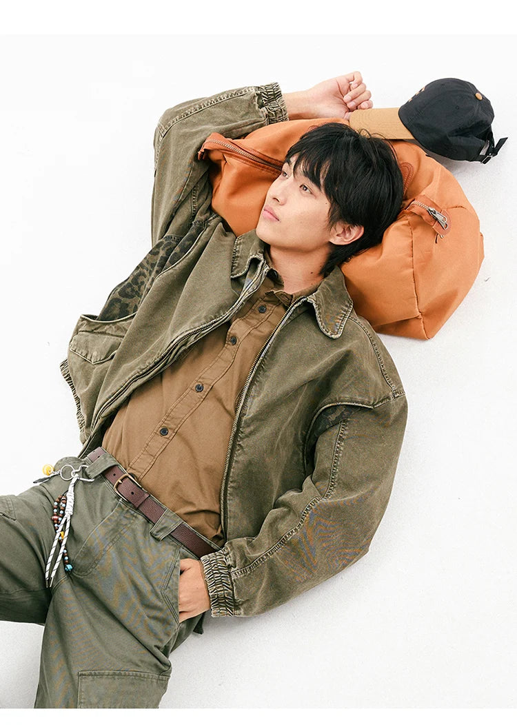 Leopard Print Panel Workwear Jacket-streetwear-techwear