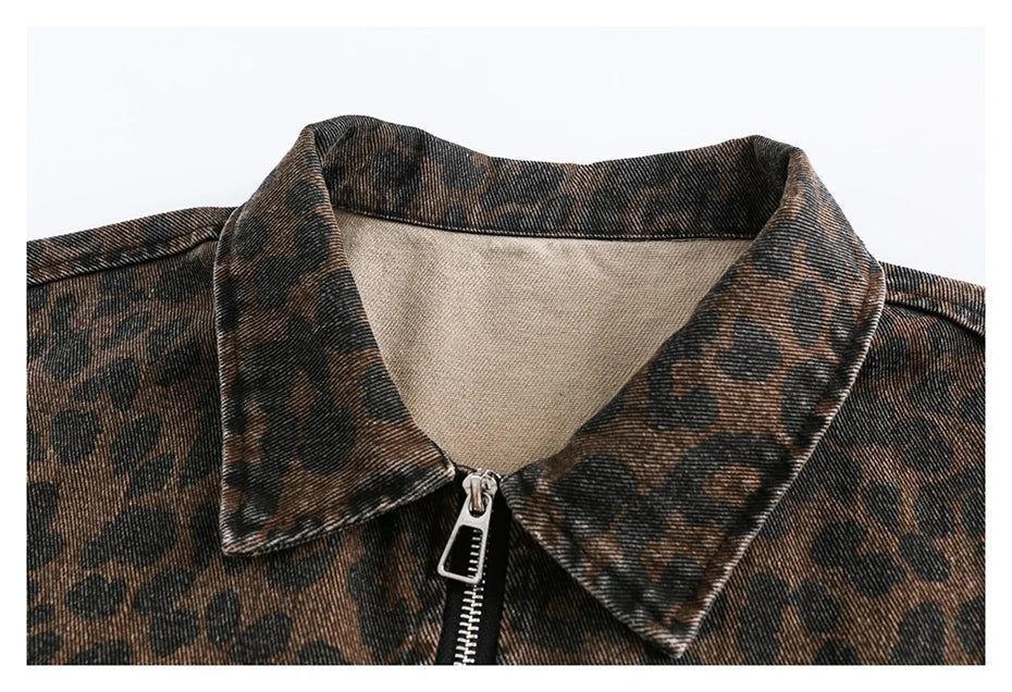 Leopard Print Zipped Trucker Jacket-streetwear-techwear