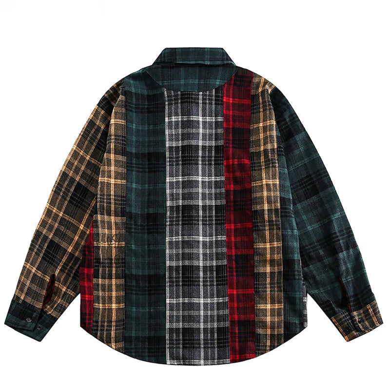 Patchwork Plaid Over Shirt-streetwear-techwear