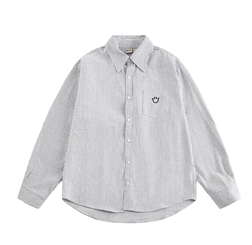 Smiley Face Embroidered Stripe Shirt-streetwear-techwear