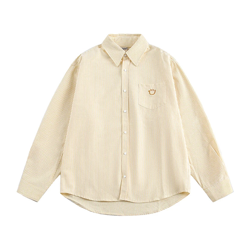 Smiley Face Embroidered Stripe Shirt-streetwear-techwear