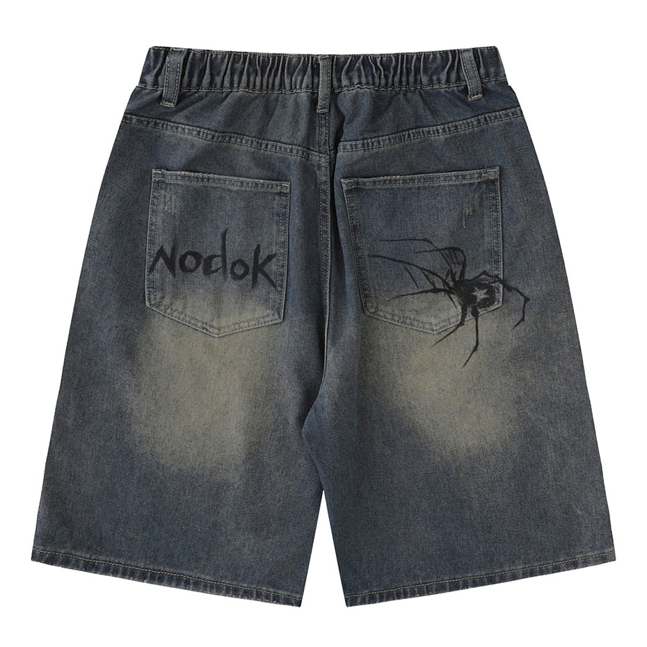 Spider Print Denim Shorts-streetwear-techwear