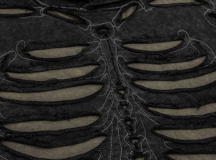 VANCARHELL Skeleton Ribcage Acid Wash Hoodie-streetwear-techwear