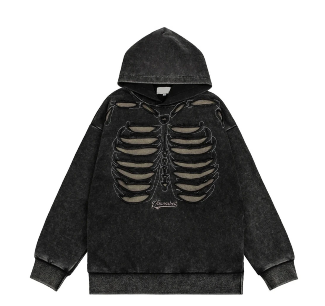VANCARHELL Skeleton Ribcage Acid Wash Hoodie Streetwear at Before the High Street