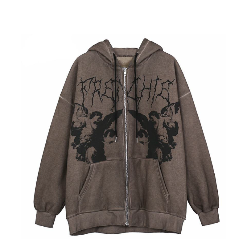 Gothic Angel Garment Dyed Zip Up Hoodie