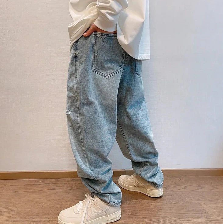 Balloon Fit Distressed Denim Jeans-streetwear-techwear