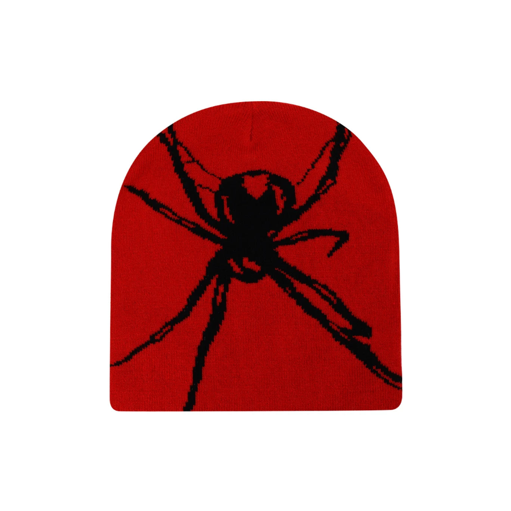 Red mouse pad with a black spider design on a white background