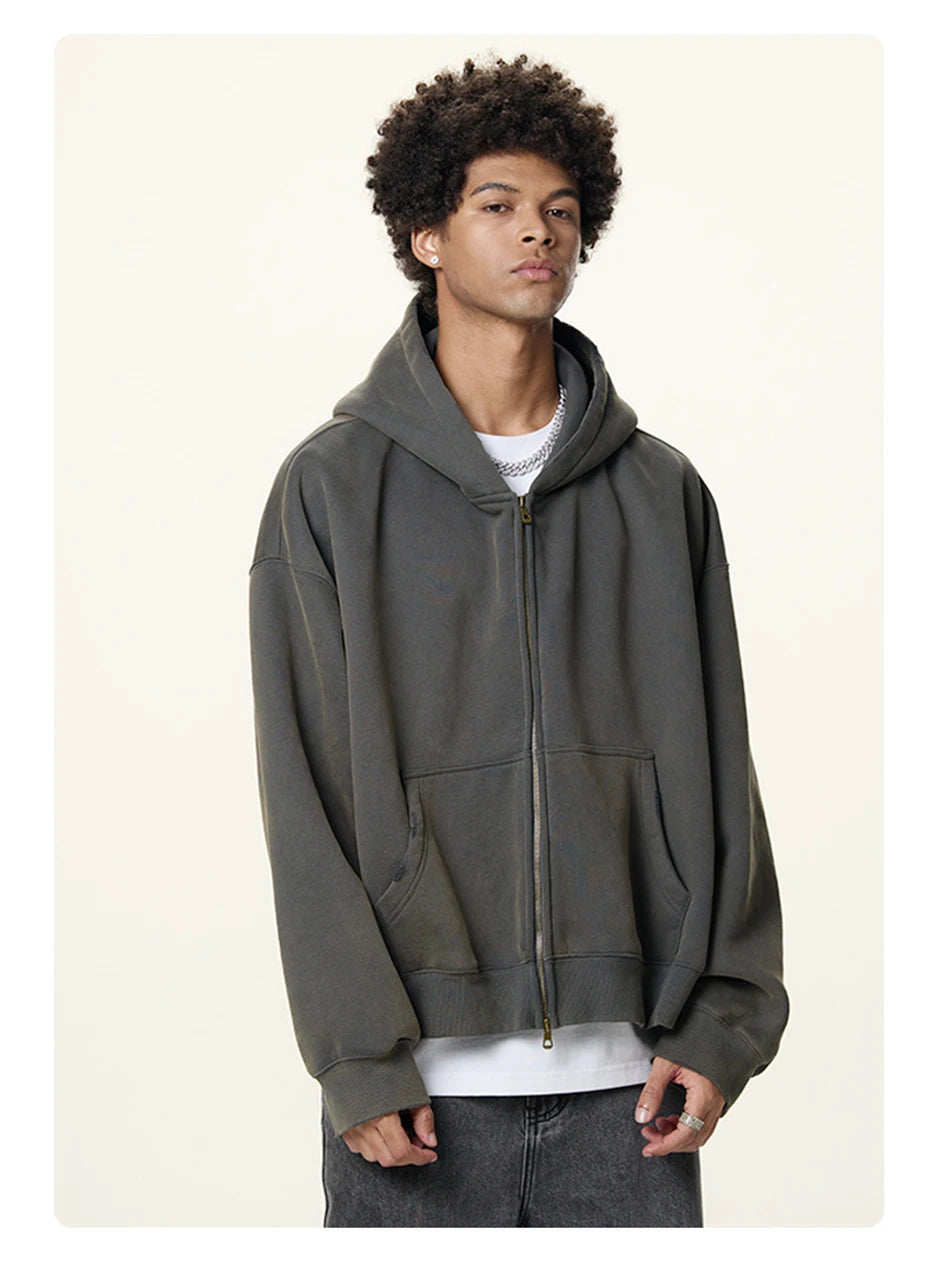 Boxy Crop Washed Zip-Up Hoodie – Oversized Streetwear Fit