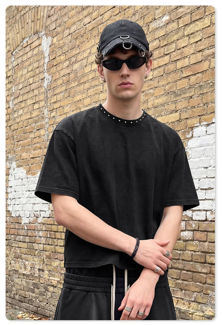 Boxy Washed Stud Neck T-Shirt