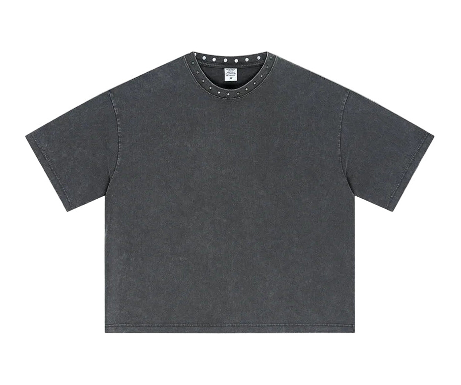 A dark grey short-sleeve t-shirt with a washed, vintage texture, featuring a crew neck with small silver studs. 