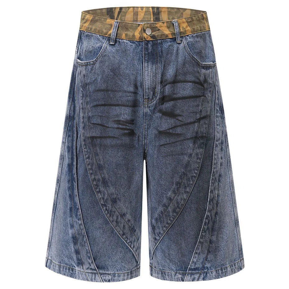Camo Waist Washed Denim Jorts