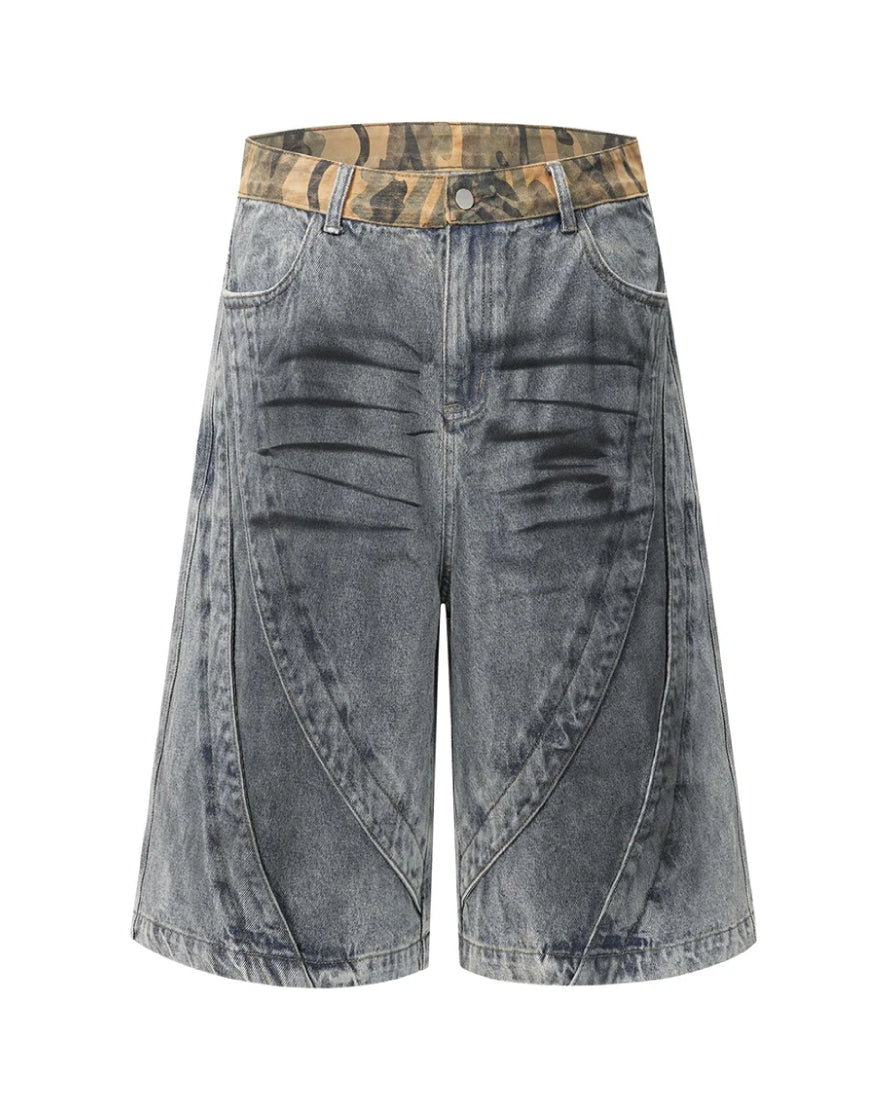 Camo Waist Washed Denim Jorts