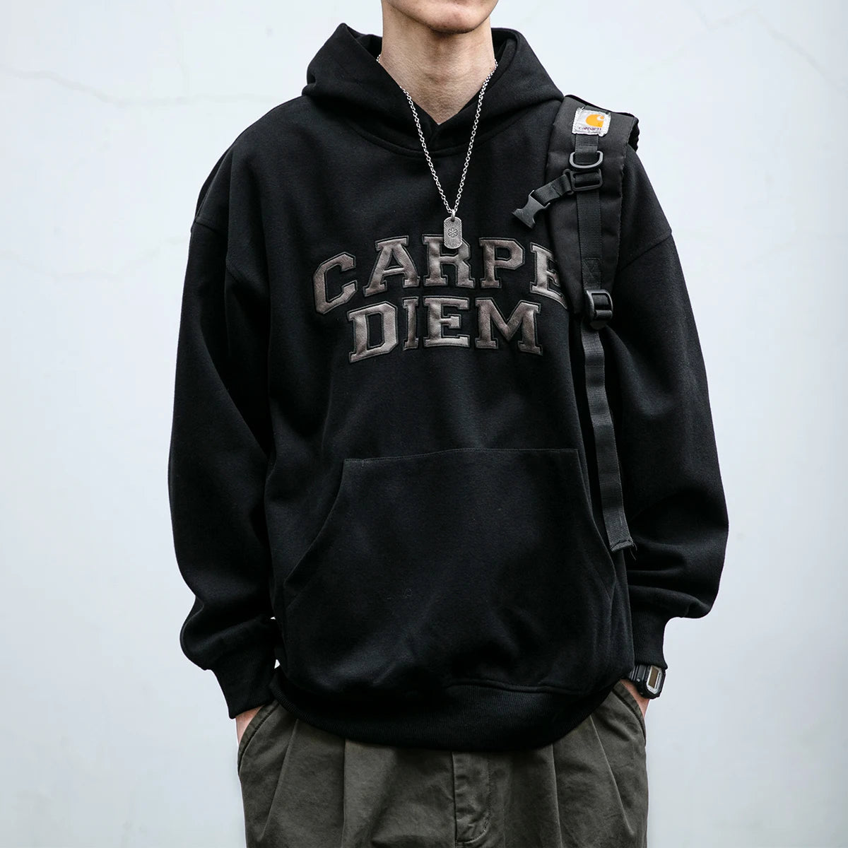 'Carpe Diem' Applique Hoodie-streetwear-techwear