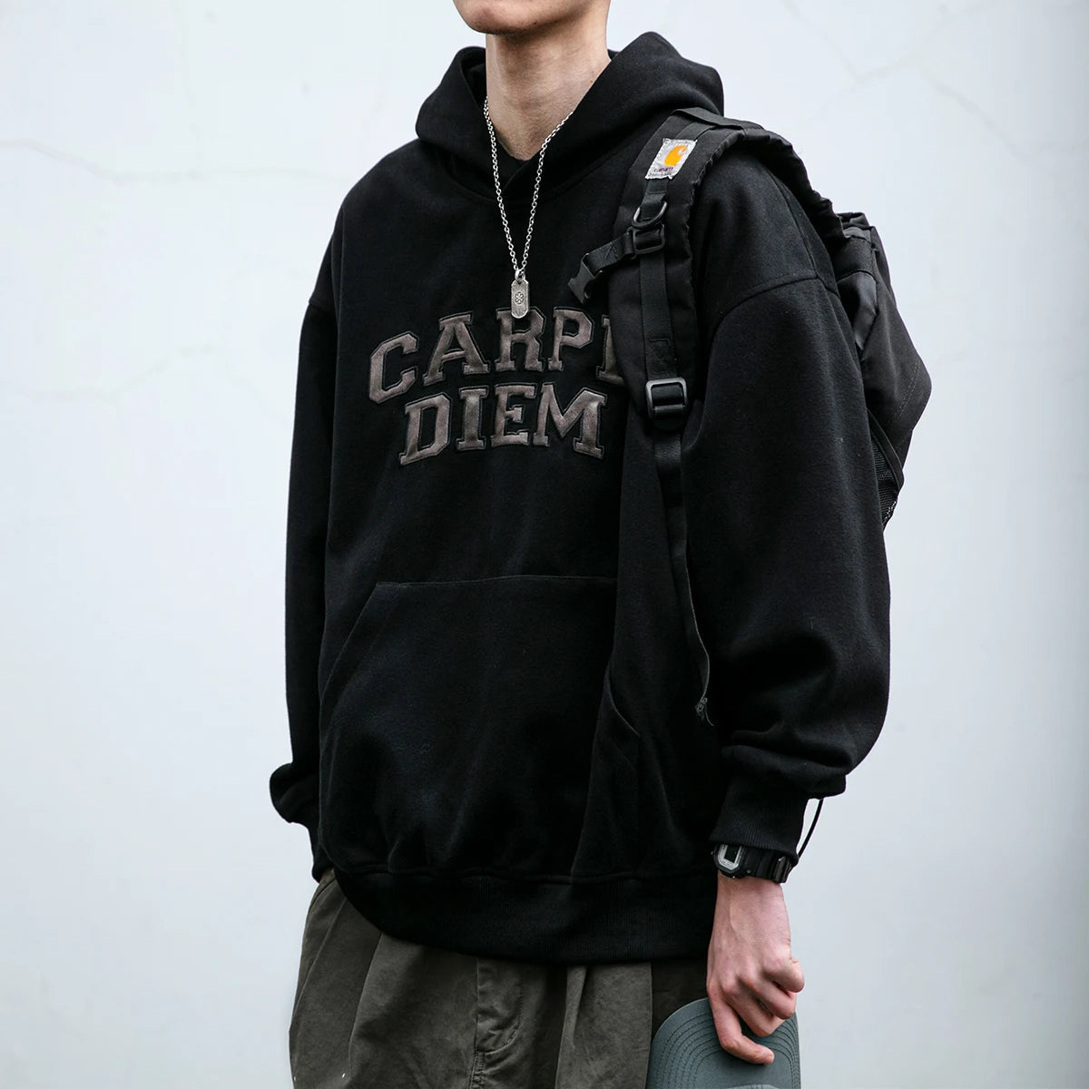 'Carpe Diem' Applique Hoodie-streetwear-techwear