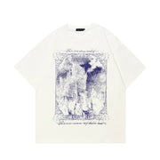 An off-white short-sleeve t-shirt with a large blue graphic print on the front depicting a castle in a storm with the text 'Black Air'.