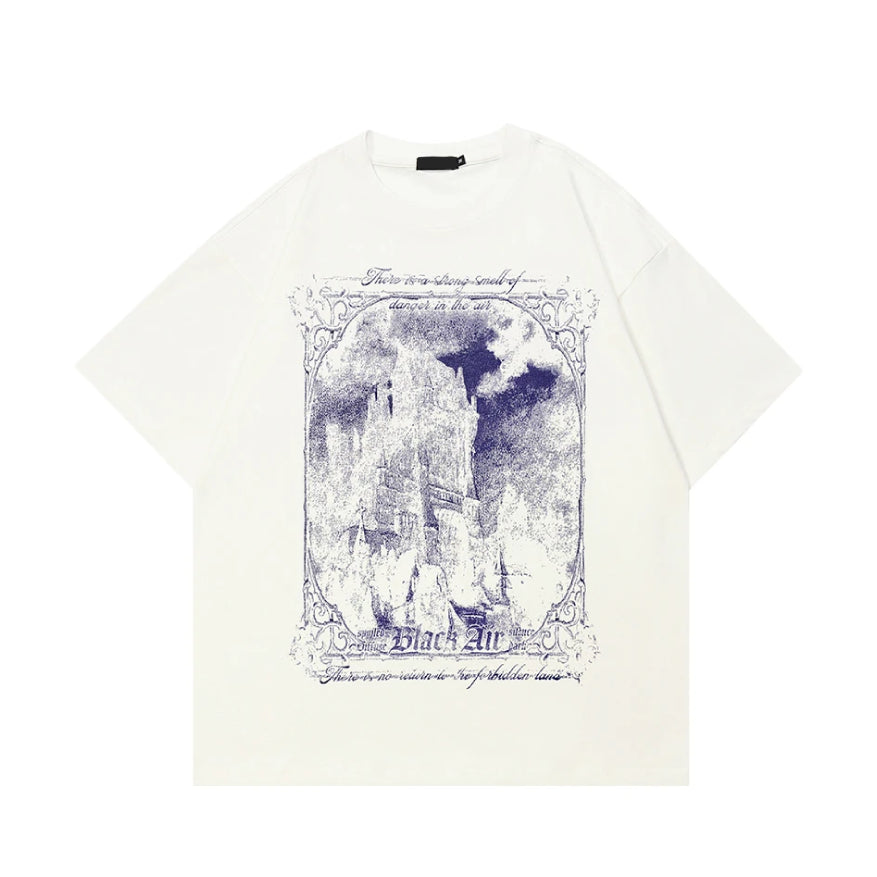 An off-white short-sleeve t-shirt with a large blue graphic print on the front depicting a castle in a storm with the text 'Black Air'.