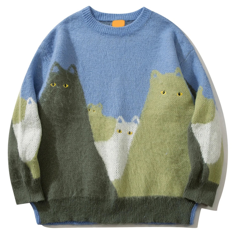 Cat Graphic Knitted Sweater-streetwear-techwear
