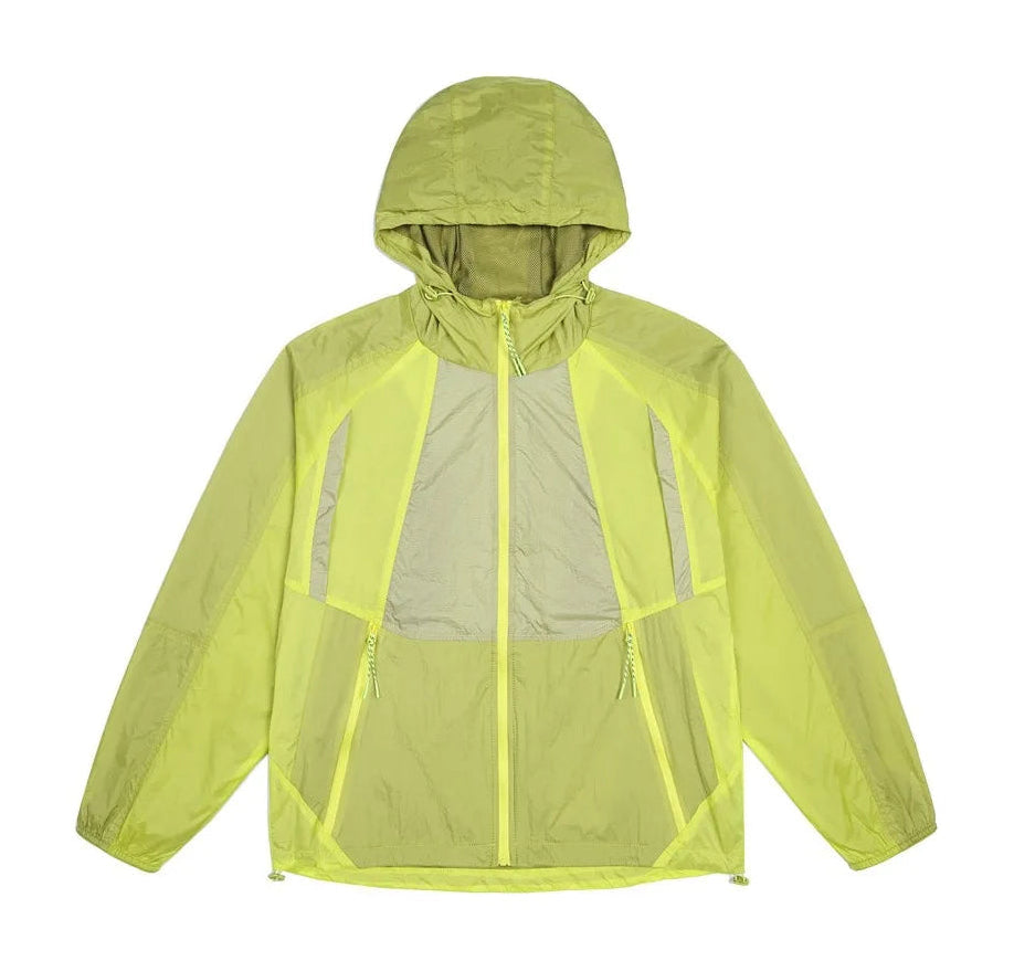 A bright neon yellow-green hooded windbreaker jacket with a semi-sheer mesh front panel and reflective silver-gray vertical panels on the chest, shown against a plain white background.