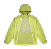 A bright neon yellow-green hooded windbreaker jacket with a semi-sheer mesh front panel and reflective silver-gray vertical panels on the chest, shown against a plain white background.