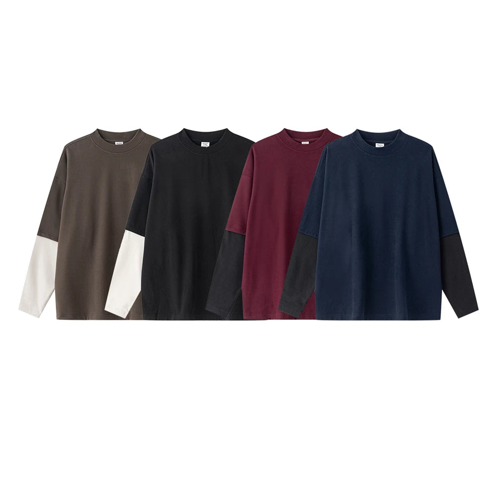 トップス CONTRAST HEM LAYERED T-SHIRTS Contrast Mock Double Layer Long Sleeve T-Shirt | Streetwear