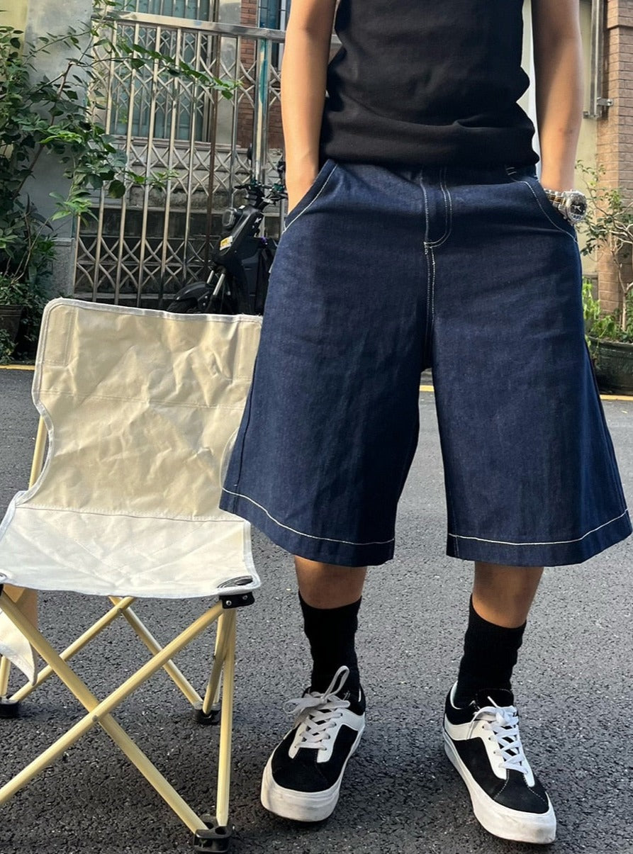 Contrast Stitch Denim Bermuda Shorts-streetwear-techwear