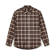 A long-sleeve button-up plaid shirt in brown, beige, and white, shown flat against a white background.