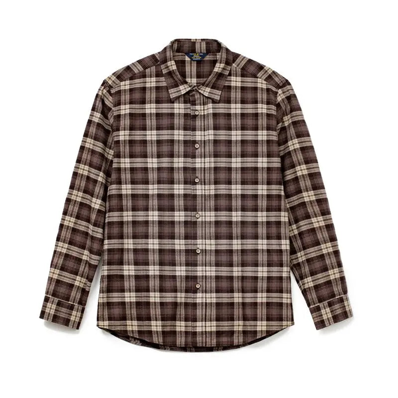 A long-sleeve button-up plaid shirt in brown, beige, and white, shown flat against a white background.