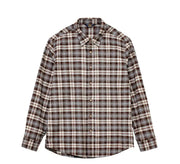 A long-sleeve button-up plaid shirt in brown, beige, and white, shown flat against a solid white background.
