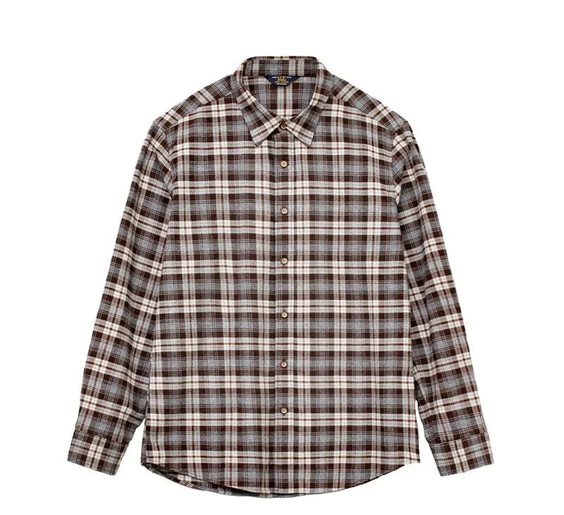 A long-sleeve button-up plaid shirt in brown, beige, and white, shown flat against a solid white background.