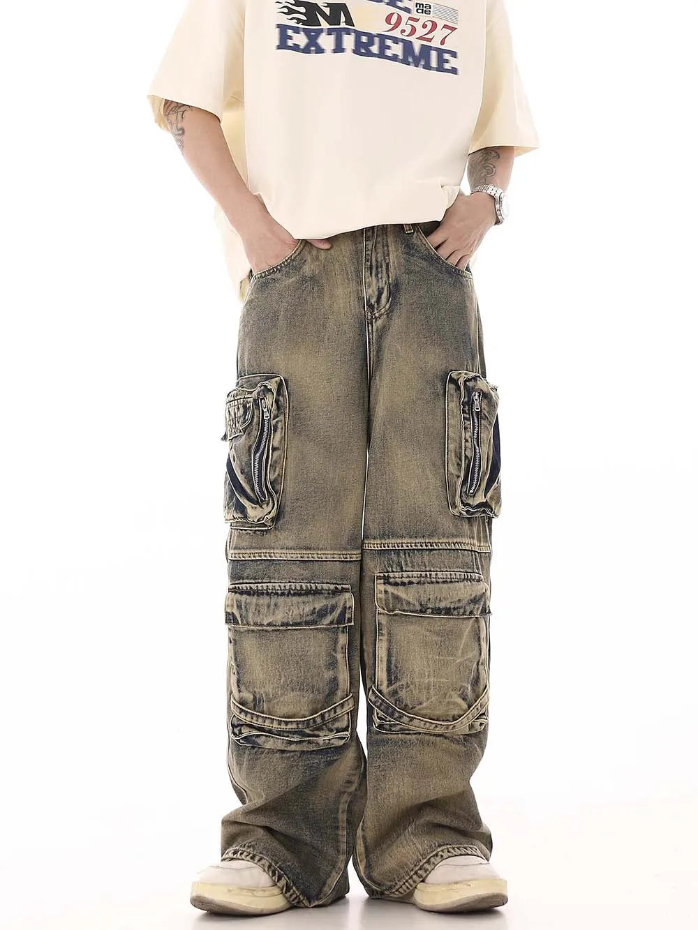 Dirty Wash Multi-Pocket Cargo Jeans-streetwear-techwear