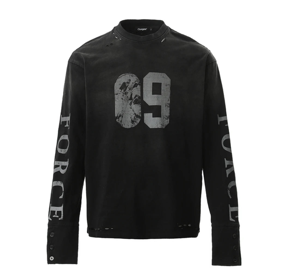Black long-sleeve shirt with '09' and 'FORCE' text on sleeves against a white background