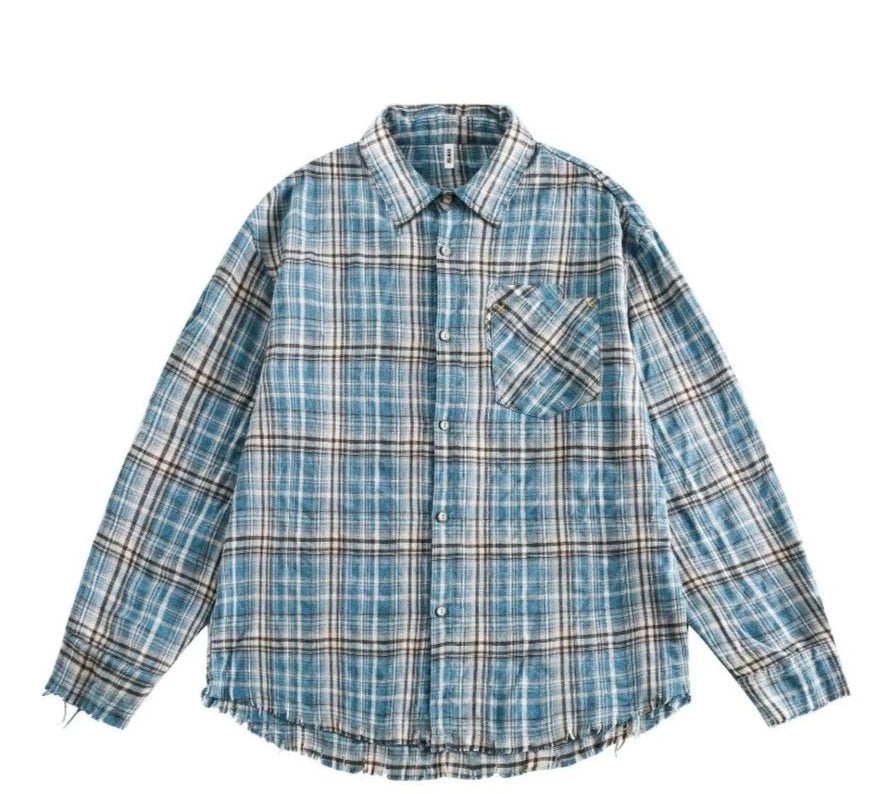 Distressed Hem Blue Plaid Shirt-streetwear-techwear