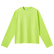 A bright neon yellow-green long-sleeve crewneck t-shirt laid flat against a solid white background.