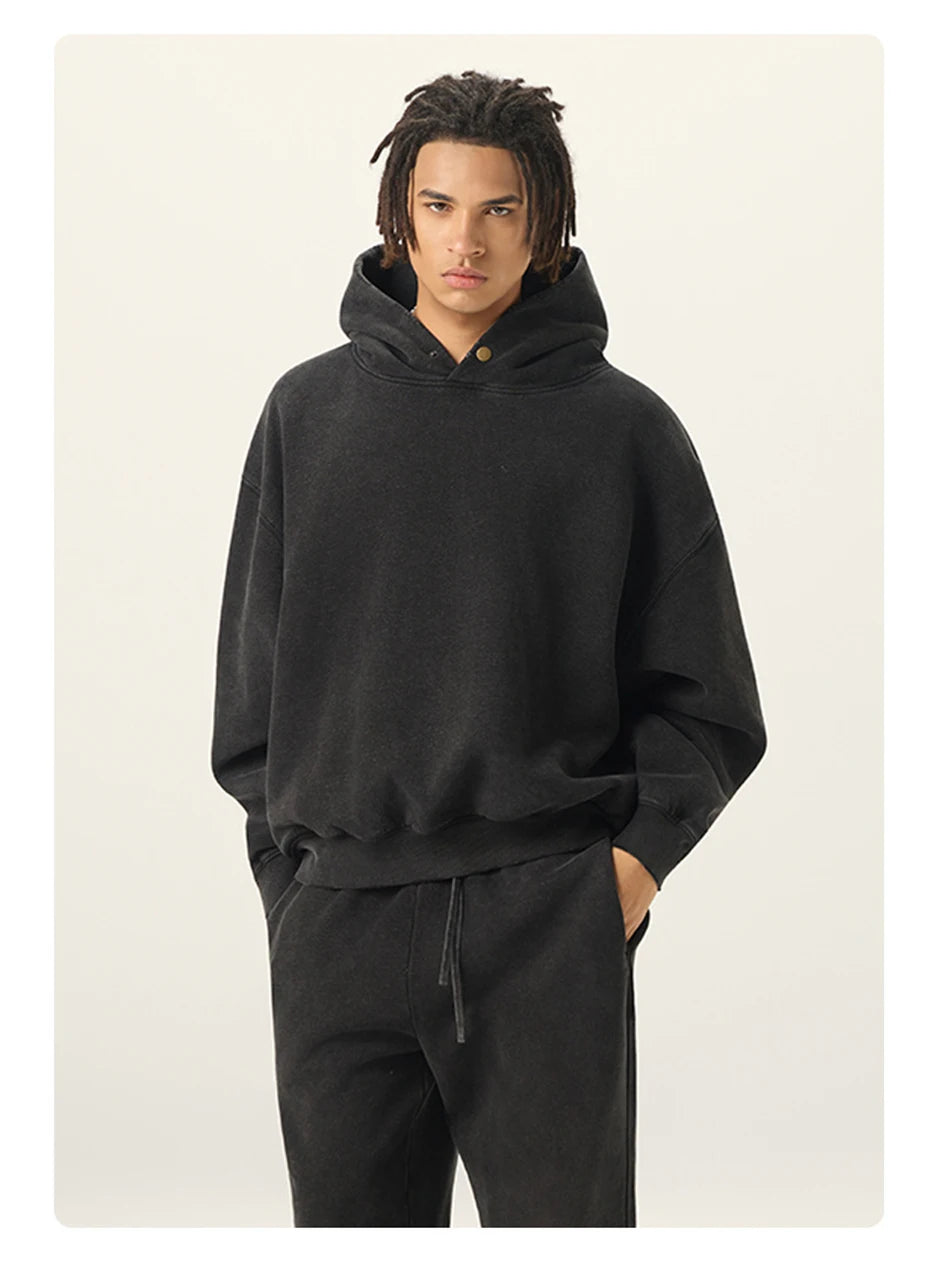 Essential Vintage Wash Button Neck Hoodie-streetwear-techwear